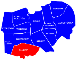 Location of Służew within the district of Mokotów, in accordance to the City Information System.