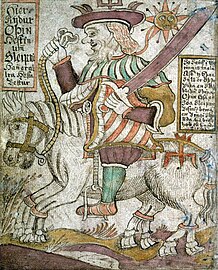 18th-century Icelandic manuscript SÁM 66, depicting Odin and Sleipnir; now in the possession of the Árni Magnússon Institute in Iceland.
