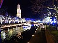 Replica of a Dutch canal and the Dom Tower of Utrecht with New Year illumination.