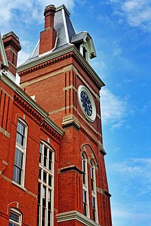 An image of the red-bricked Seney Hall and its clocktower