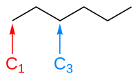 The skeletal formula of hexane, with carbons number one and three labelled