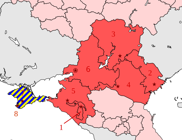 Föderationskreis Südrussland (dunkelrot) inklusive annektierter Krim (blau-gelb), übriges Russland hellrot