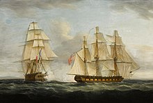 Oil painting depicting two square-rigged sailing vessels on the open sea, exchanging fire