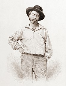 A black-on-white engraving of Whitman standing with his arm at his side