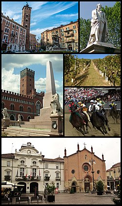 Top left: Piazza Medici ("Medici Square") and Troyana Tower; top right: a monument of Vittorio Alfieri in Piazza Alfieri ("Alfieri Square"); middle left: Piazza Roma ("Rome Square") and Comentina Tower; middle upper right: vineyards in Mongardino; middle lower right: Palio di Asti Festival on September; bottom: town hall and San Secondo church