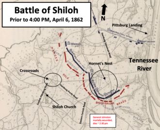 map showing prior to 4 PM positions, with Union right pushed back further, center in "Hornet's Nest", and left back all the way to Pittsburg Landing