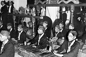 A Gamelan Ensemble was played to accompany the inauguration of the Prince of the late Paku Alam VII at Pakualaman Palace, Yogyakarta, Indonesia, before 1949