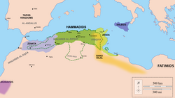Hammadid territory circa 1050 (in green), and extended territories (dotted line) controlled in certain periods