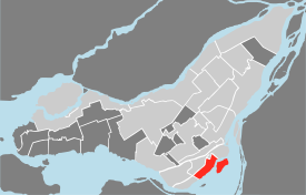 Location (in red) of Verdun on the Island of Montreal. (Grey areas indicate demerged municipalities).