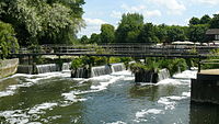 A complicated series of broad-crest and V-notch weirs at Dobbs Weir in Hertfordshire, UK