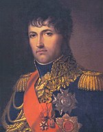 Black and white print of a curly-haired man wearing a high-ranking French officer's uniform of the Napoleonic era.