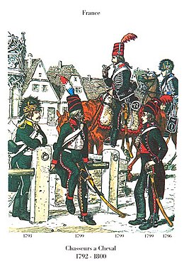 Painting of two men on horseback and three men standing is labeled Chasseurs a Cheval (1792-1800). All are dressed in dark green uniforms, two with crested helmets and three with tall hats called mirlitons.