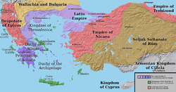 The Latin Empire with its vassals (in purple) in 1204