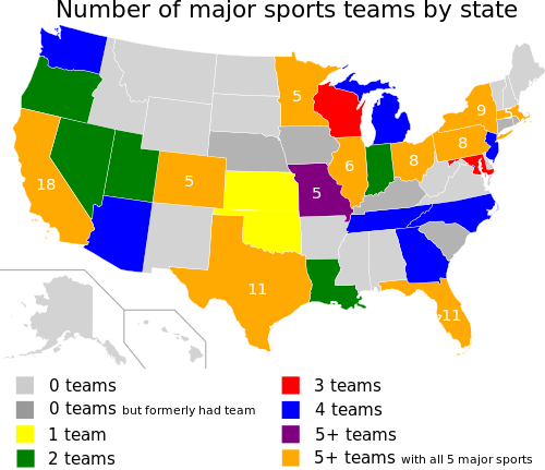 US States by number of major sports teams