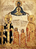 15th century miniature from the Louvre MS. Ivoires 100 manuscript, depicting the Byzantine Emperor Manuel II Palaiologos, Empress Helena and three of their sons.