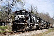 The Norfolk Southern Railway is a typical example of a Class I railroad in the eastern United States. Pictured is a locomotive from the Norfolk Southern Railway.