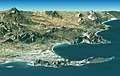 Synthetic perspective with 2× exaggerated elevation, from satellite elevation and image data. Looking east over Cape Peninsula and False Bay (behind) with Robben Island (front left), Table Mountain (centre front) and Cape Point (front right).