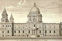 Christopher Wren's drawing of his new St Paul's. The building is quite fat, with two fussy pinacle towers at the west end. In the middle is a huge dome, which looks a bit like a breast on a wedding cake.