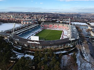 Das Stadion Evžena Rošického von der Südseite gesehen (Februar 2019)