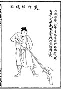 A man loading a matchlock with a rain cover, from the Shenqipu, 1598.