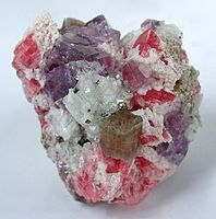 An apatite crystal sits front and center on cherry-red rhodochroite rhombs, purple fluorite cubes, quartz and a dusting of brass-yellow pyrite cubes.