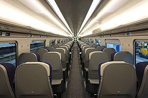 The interior of 805005 in coach A, on the first day of passenger service.
