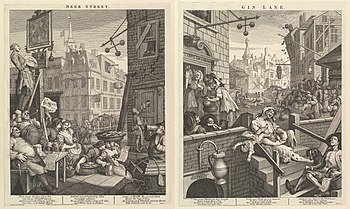 William Hogarth: Beer Street (links) und Gin Lane (rechts)