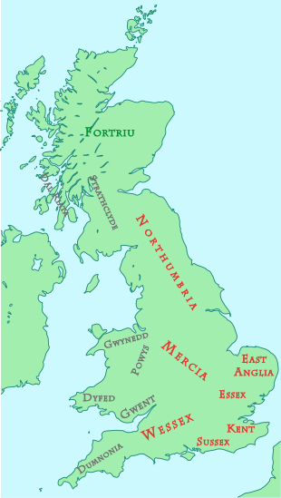 A labelled map of Great Britain. Modern Britain is labelled Northumbria, Mercia, East Anglia, Essex, Kent, Sussex and Wessex in red; Cornwall is labelled Dumnonia in grey; Wales is labelled Gwynedd, Powys, Dyfed and Gwent in grey; southern Scotland is labelled Strathclyde and Dal Riata in grey; northern Scotland is labelled Fortriu in green.