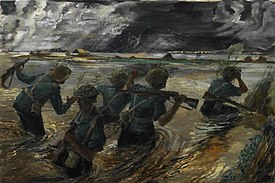 Royal West Kents making an armed patrol deep in flooded paddy fields during the battle. Painting by Leslie Cole