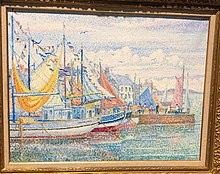 Post-Impressionist painting of a harbor scene with boats