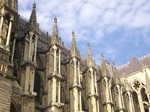 Buttresses of Reims Cathedral with pinnacles for additional weight