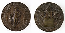 A bronze medallion. Pictures of front and back. The front shows Hippocrates. The back shows the Amsterdam coat of arms.
