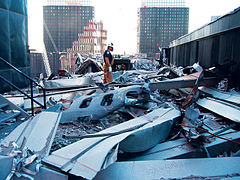 A piece of fuselage on the roof of 5 World Trade Center