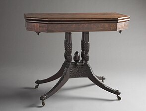 Four-column pedestal card table with pineapple finial; 1815–1820; mahogany, tulip poplar, and pine woods; 74.93 x 92.71 x 46.67 cm; Los Angeles County Museum of Art