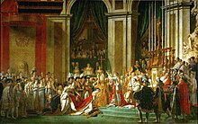 Colored painting depicting Napoleon crowning his wife inside of a cathedral