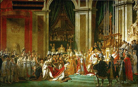 The coronation of Napoleon, on 2 December 1804 at Notre-Dame, as portrayed in the 1807 painting The Coronation of Napoleon by Jacques-Louis David