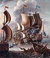 A Sea Fight with Barbary Corsairs by Laureys a Castro, c. 1681. Note the various flags with crescents used by the pirates.