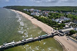 Aerial view of Międzyzdroje with the beach and pier