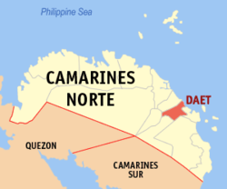 Map of Camarines Norte with Daet highlighted