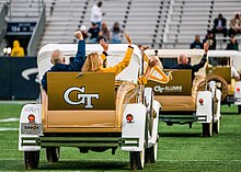 The Ramblin' Wreck replica owned by Savoy Automobile Museum on the field for the GT vs Miami football game on November 12, 2022.