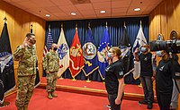 Vice Chief of Space Operations General David D. Thompson swears in the first four enlisted Space Force recruits on 20 October 2020