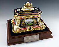 Bicentennial Commemorative tureen painted with red, blue, and gold. Gift of Queen Elizabeth II and Prince Philip of the United Kingdom, 1976