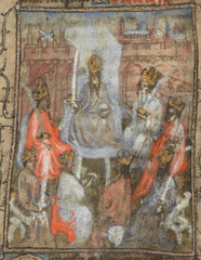 The king of Java and his 7 vassal kings, as imagined in a 15th-century English manuscript containing the accounts of Friar Odoric.