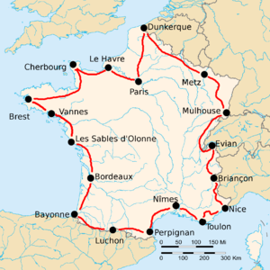 Route of the 1925 Tour de France followed counterclockwise, starting in Paris