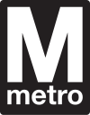 Black and white Washington Metro logo with a big white M above smaller white letters spelling Metro