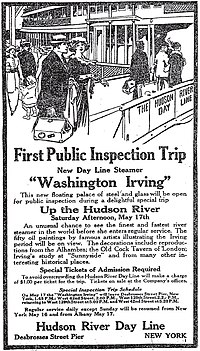 Drawing of several couples with hand luggage boarding the Washington Irving with ad copy below.