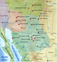 A map of the American Southwest and the northwest of Mexico showing modern political boundaries. Overlaid over them are four colored and labeled territories: "Anasazi", "Hohokam", "Petaya", and "Mogollón". Anasazi land is colored green.