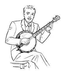 A line drawing of a smiling man playing a banjo