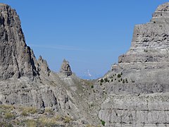 First col between Breccia Peak (left) and Buffalo Fork Peak, Mount Moran in background.