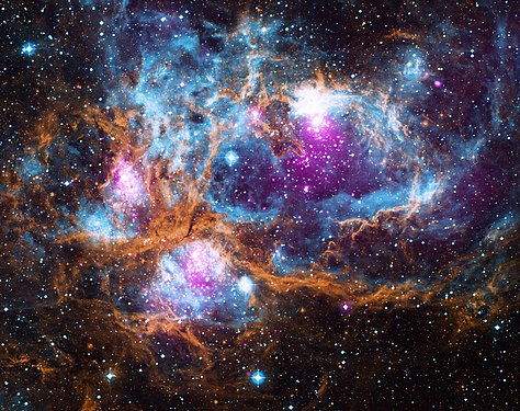 Photograph of nebula NGC 6357 false-colored based on X-ray, infrared, and optical data